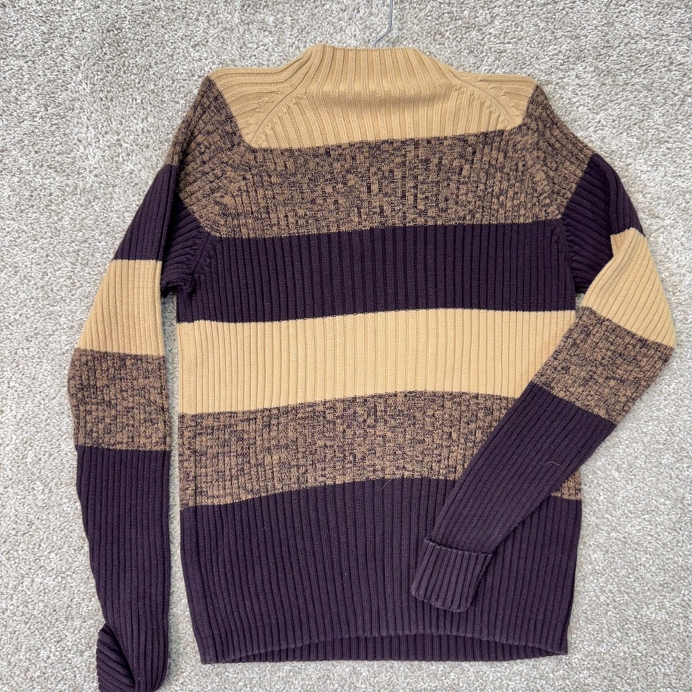 Studio Works Sweater Womens Medium Brown Tan Striped Ribbed Mock Neck EUC